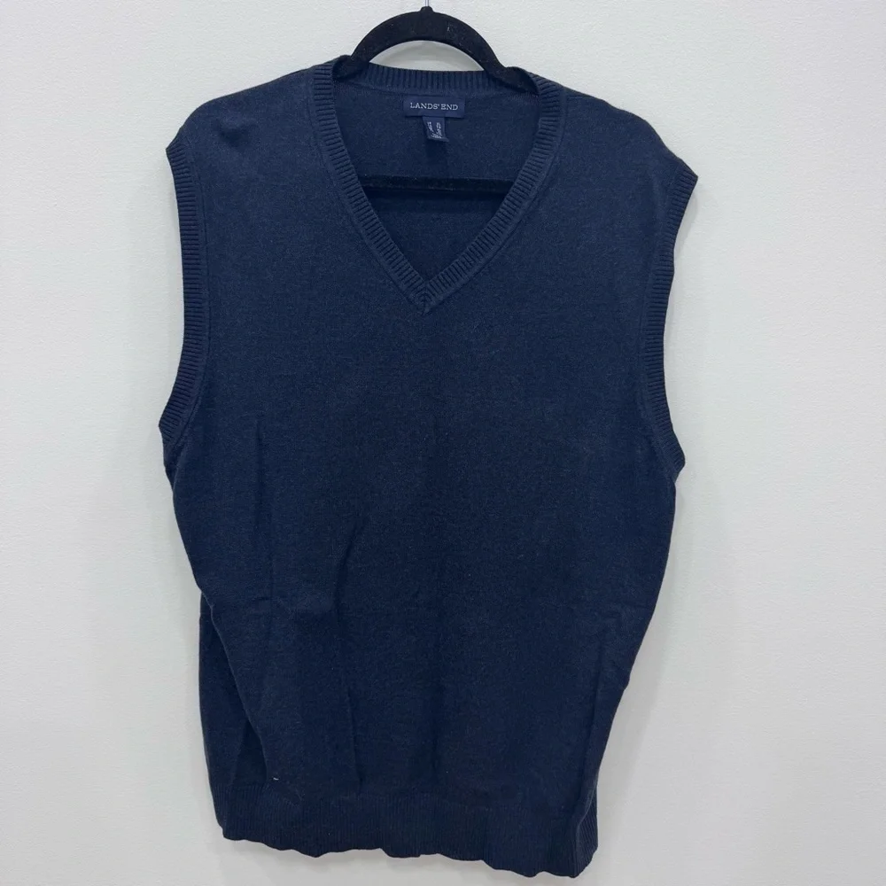 Land's End Outfitters Navy Blue Men's Knit V-Neck Sweater Vest Sz XL GUC